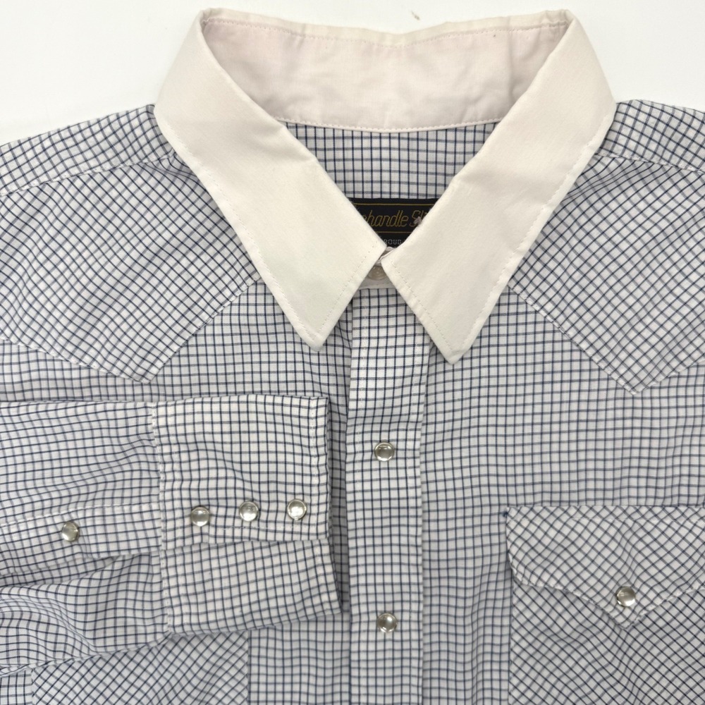 Panhandle Slim Western Shirt Mens 18.5 Blue White Graph Check Pearl Snap Vintage